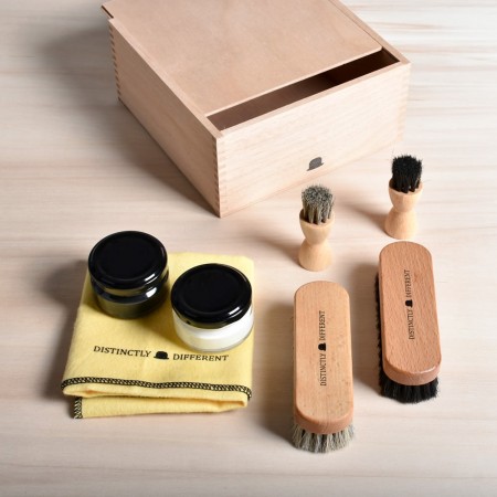 Shoe Shine Box with Distinctly Different Shoe Care Set